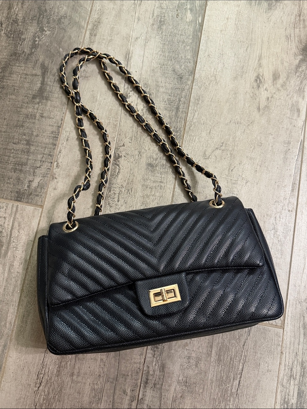 Quilted Black Chain-Strap Shoulder Bag with Gold Hardware